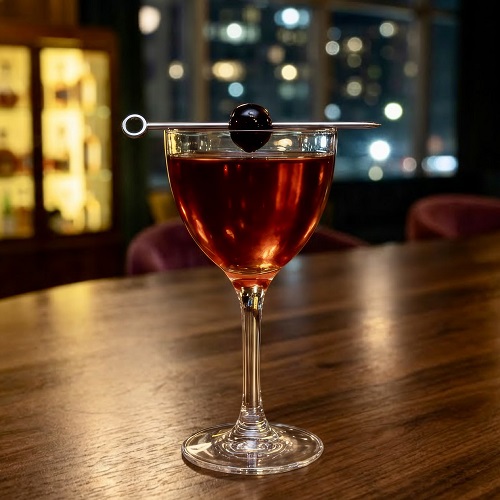 Classic Rob Roy cocktail in a coupe glass garnished with a cherry
